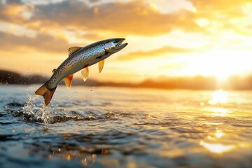 Wall Mural - Lively trout jumping in golden sunset over rippling water