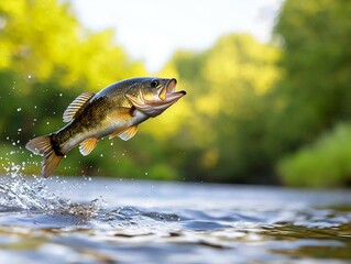 Wall Mural - Vibrant bass leaping from stream against lush forest background