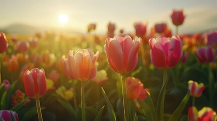 Wall Mural - Vibrant tulip field at sunset, showcasing colorful flowers under a golden sky with mountains in the background