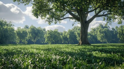 Wall Mural - A serene landscape featuring a large tree surrounded by lush green fields under a bright sky with scattered clouds