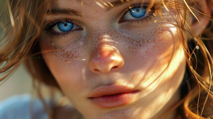 Wall Mural - Close-up portrait of a young woman with striking blue eyes and freckles, surrounded by soft natural light