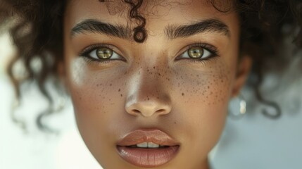 Wall Mural - Close-up portrait of a young woman with curly hair and freckles, showcasing her expressive eyes against a soft background