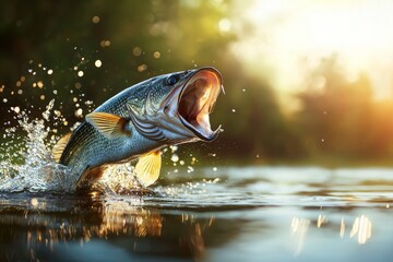 Wall Mural - Largemouth bass leaping from water at sunset in lush greenery