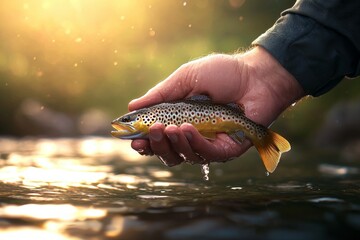 Wall Mural - Hand holding brown trout over water at sunset