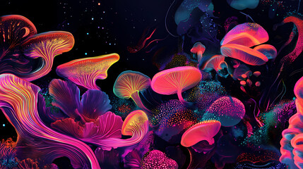 Wall Mural - Generative ai illustration of colorful psychedelic fluorescent neon magic mushrooms growing against black background. Eclipse-Fueled Magic. Illustration