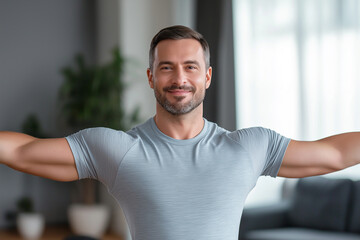 Happy man doing home workout, stretching arms and smiling