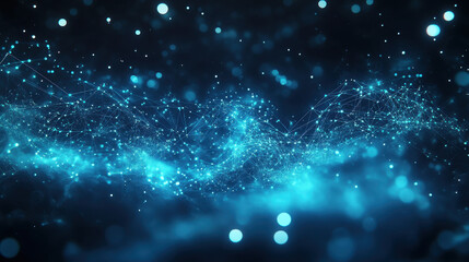 Abstract digital background with glowing blue particles and network connections on a dark background
