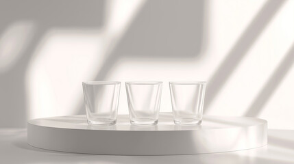 Aufkleber - Three empty glasses standing on a white podium with window light creating shadows