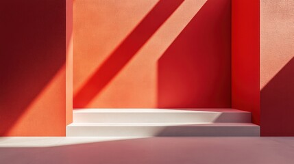 Wall Mural - A minimalistic interior with red walls and white steps, showcasing light and shadow play.