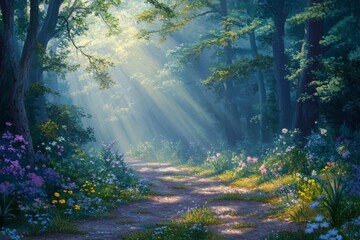 Fototapete - Sunlight beams illuminate a serene forest pathway adorned with colorful wildflowers, creating a peaceful atmosphere at dawn. Generative AI