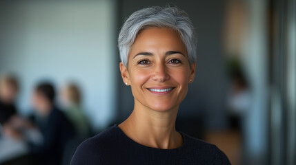 Wall Mural - confident woman with short gray hair smiles warmly in modern office setting, exuding professionalism and approachability.