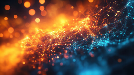 Abstract digital background with glowing connections and network dots in shades of dark orange and blue