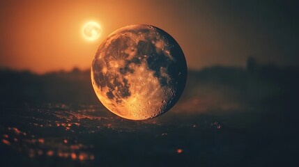 Wall Mural - a large, cratered moon dominates the foreground, bathed in the warm glow of a setting sun. the scene