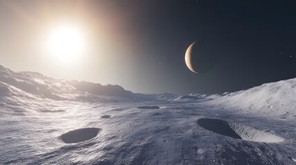Wall Mural - a breathtaking view of an alien planet's surface. cratered landscape bathed in the warm glow of a se