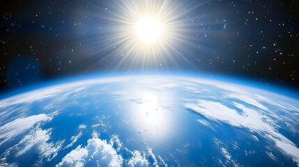 Wall Mural - stunning view of earth from space, showcasing a bright sun and the planet's vibrant blue oceans, swi