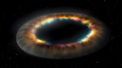 Wall Mural - a mesmerizing cosmic ring, vibrant with iridescent hues, floats in the inky blackness of space. its 