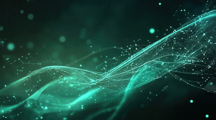 Abstract background with glowing lines and dots in teal color on a dark green background