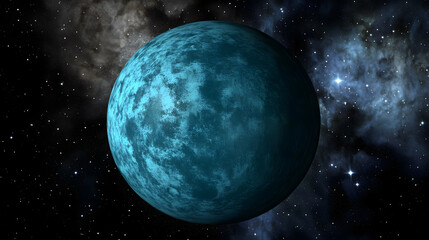 Wall Mural - a teal-colored exoplanet floats in a dark, star-filled space. nebulas swirl in the background, creat