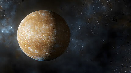 Wall Mural - a detailed 3d render of ganymede, jupiter's largest moon, set against a backdrop of a starry nebula.