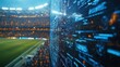 © Abdul - Close up of a football pitch during halftime with white screens displaying match analysis crowd reactions and game strategy insights