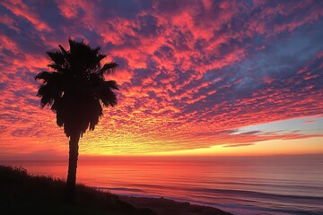Wall Mural - Silhouetted palm tree against vibrant sunset over ocean, fiery red and orange clouds fill the sky. Perfect for travel, vacation, or nature themes, evokes feelings of warmth and serenity.