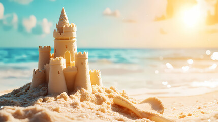 Wall Mural - Landscape summer vacation holiday travel ocean sea background banner panorama - close up of sand castle and sand shovel on the beach, sunshine (generative ai). Solar Flare Castles. Illustration