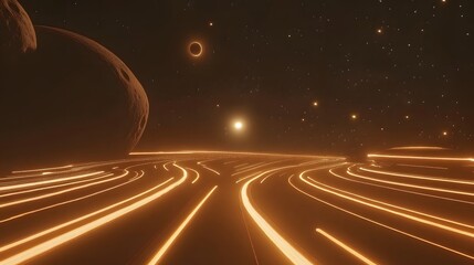 Wall Mural - glowing orange trails illuminate a dark, alien landscape. planets and stars form a dramatic backdrop