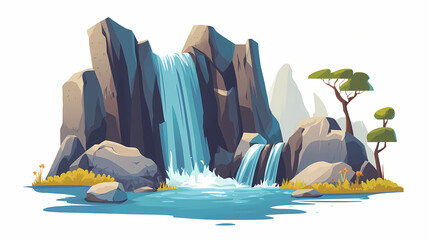 Wall Mural - Rocky outcropping with waterfalls in background, outcropping, stone, nature. Gravity-Reversed Waterfalls. Illustration