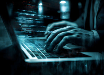 Wall Mural - coding under pressure, a hacker's hands manipulating lines of complex code on a laptop in a dimly li