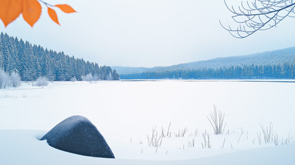 Scene Of Winter Snowscape, With Mountains And Trees Covered In Thick Layers Of Snow, Blue Sky With A Few White Clouds Scattered Around, Snowflakes Are Falling On The Surface