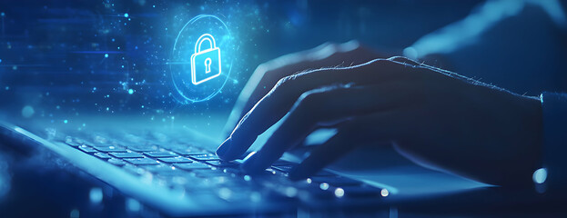 Wall Mural - cybersecurity measures, hands swiftly type on a keyboard, as a digital padlock illuminates the scree