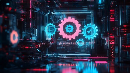 A futuristic digital workspace displaying holographic gear symbols with a technological vibe