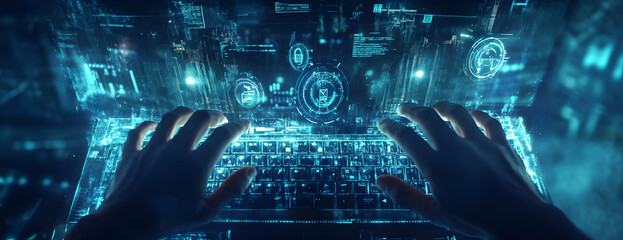 Wall Mural - digital realm exploration, navigating immersive interfaces with projected digital elements for intui