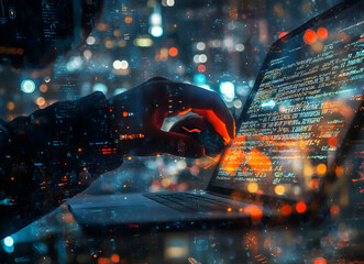 Wall Mural - digital intrusion, a hacker's stealthy conquest of cyberspace, navigating lines of code against an u