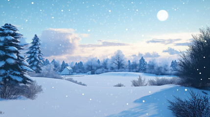 Scene Of Winter Snowscape, With Mountains And Trees Covered In Thick Layers Of Snow, Blue Sky With A Few White Clouds Scattered Around, Snowflakes Are Falling On The Surface