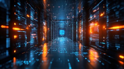 Wall Mural - futuristic digital data tunnel with glowing lines.