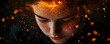 © Gustav - Girl immersed in glowing particles, a portrait of serenity and inner radiance, freckled skin bathed in soft warm light against a dark backdrop