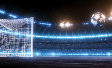 Illuminated soccer stadium under a twilight sky with a football hovering near the goal, embodying the excitement and anticipation of the sport