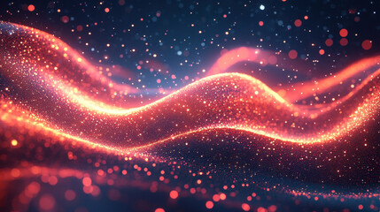 Red and blue gradient background, digital particles glowing in the dark