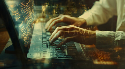 Complex algorithms being typed on a laptop with a city reflection on the screen, creating a unique blend of technology and urban atmosphere