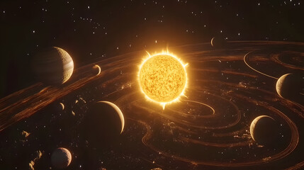 Wall Mural - a vibrant sun illuminates a solar system with multiple planets and rings. cosmic dust trails create 