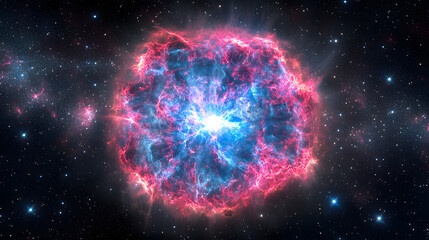 a vibrant nebula explodes with brilliant pink and blue hues, radiating energy against a backdrop of 