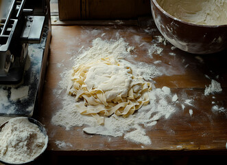 Wall Mural - Rustic homemade pasta preparation on a floured wooden table with a pasta machine and vintage bowl, capturing the essence of artisanal cooking