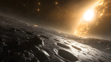 Wall Mural - a cratered, rocky planet's surface is bathed in the intense light of a fiery, volatile star. stars t