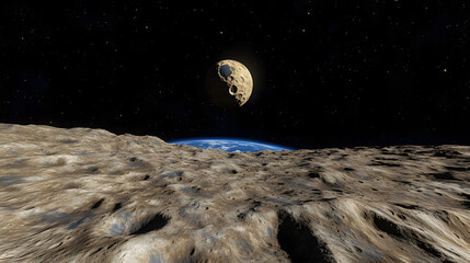 Wall Mural - a stunning view of earth from a cratered lunar surface.