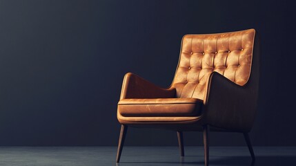 Wall Mural - Brown leather armchair in dimly lit room with dark grey floor and space for text