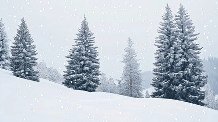 Scene Of Winter Snowscape, With Mountains And Trees Covered In Thick Layers Of Snow, Blue Sky With A Few White Clouds Scattered Around, Snowflakes Are Falling On The Surface