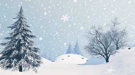 Scene Of Winter Snowscape, With Mountains And Trees Covered In Thick Layers Of Snow, Blue Sky With A Few White Clouds Scattered Around, Snowflakes Are Falling On The Surface