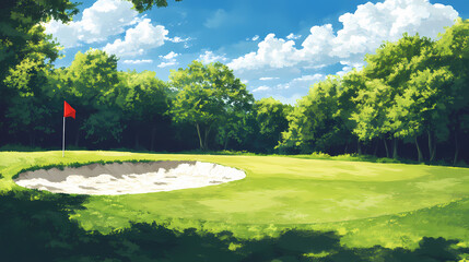 Wall Mural - Golf course bunker with red flag on sunny day - outdoor scenic view of sandy hazard and green fairway, surrounded by trees and lush greenery on a clear sky day. Golem-Forged Landscapes. Illustration