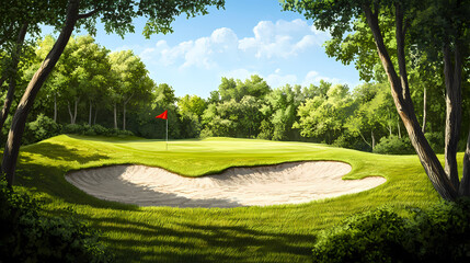 Wall Mural - Golf course bunker with red flag on sunny day - outdoor scenic view of sandy hazard and green fairway, surrounded by trees and lush greenery on a clear sky day. Golem-Forged Landscapes. Illustration